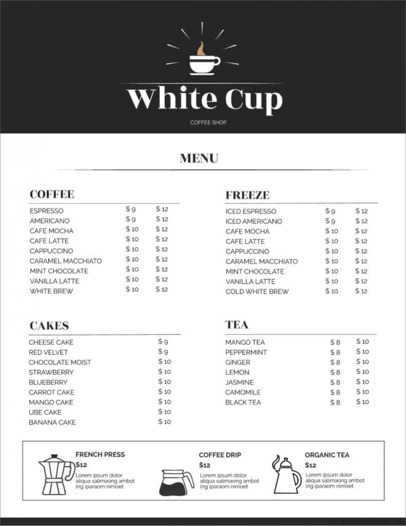 32 Free Simple Menu Templates For Restaurants, Cafes, And within Menu Template Google Docs