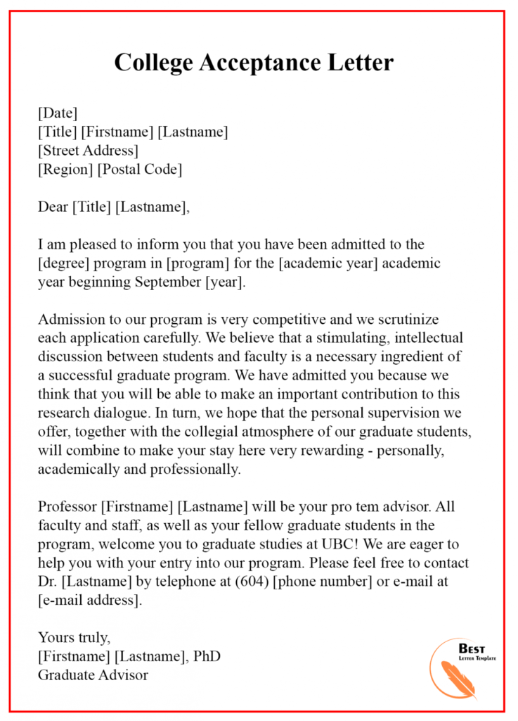 7+ School/ College/ University Acceptance Letter Template pertaining to College Acceptance Letter Template