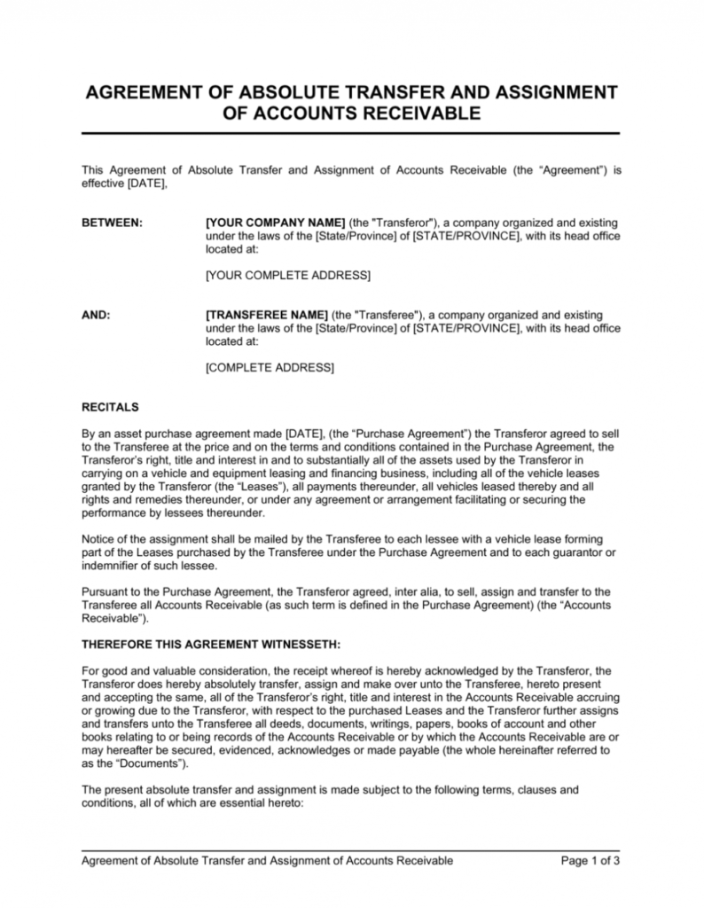 Agreement Of Absolute Transfer And Assignment Of Accounts intended for Credit Assignment Agreement Template