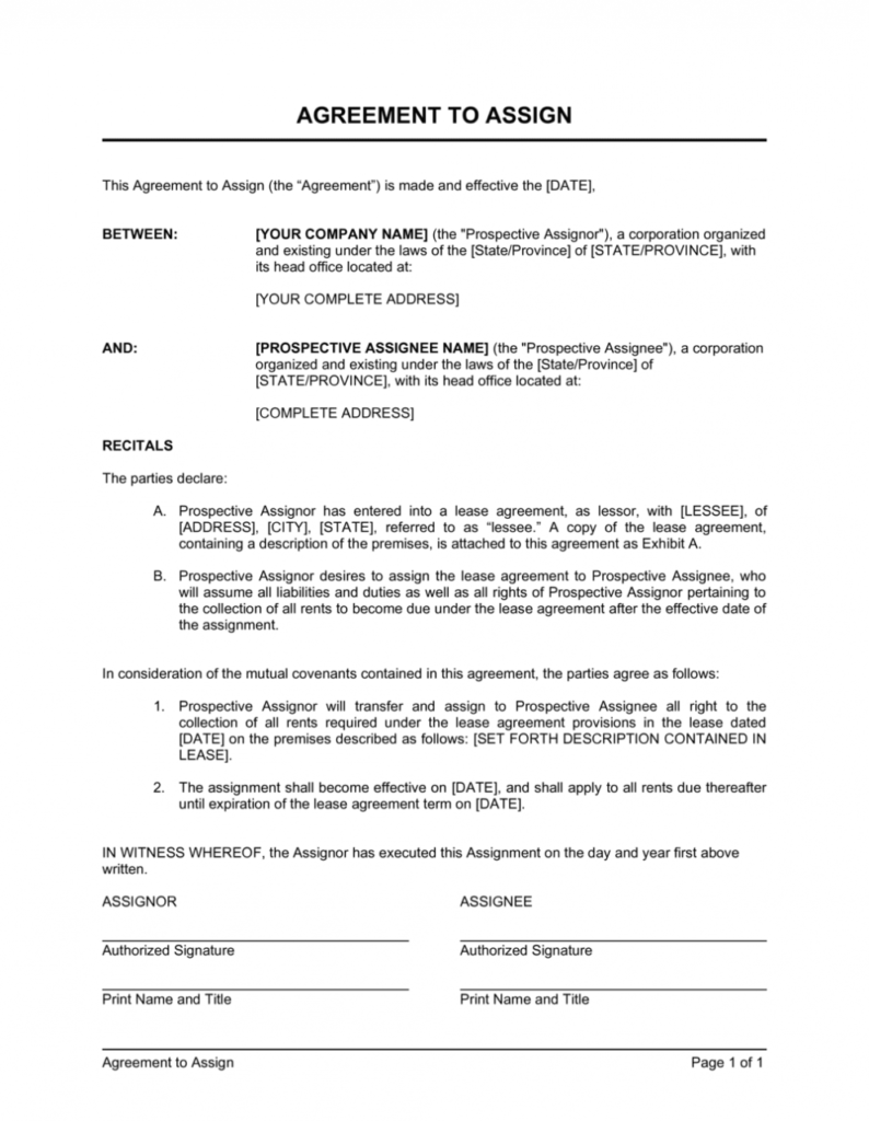 Agreement To Assign Template | By Business-In-A-Box™ inside Contract Assignment Agreement Template