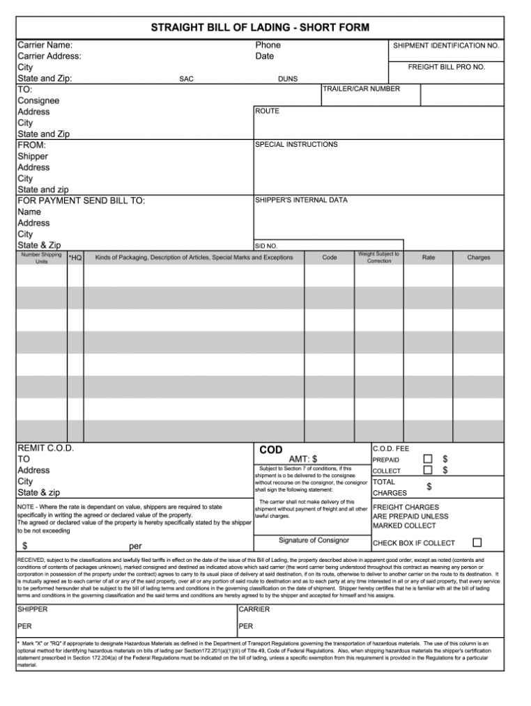 Blank Straight Bill Of Lading Short Form Pdf - Fill Out And Sign Printable  Pdf Template | Signnow with regard to Blank Bol Template