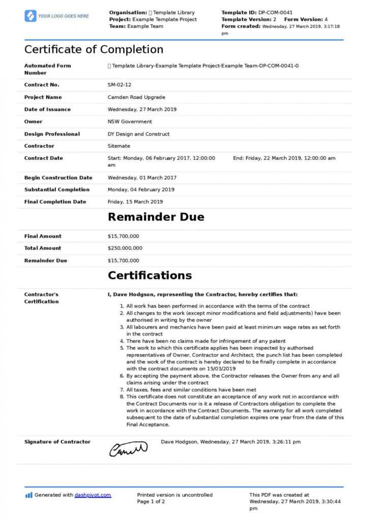 Certificate Of Completion For Construction (Free Template + intended for Certificate Of Completion Template Construction