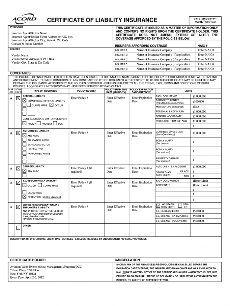 Certificate Of Insurance Form - Fill Online, Printable intended for Certificate Of Insurance Template