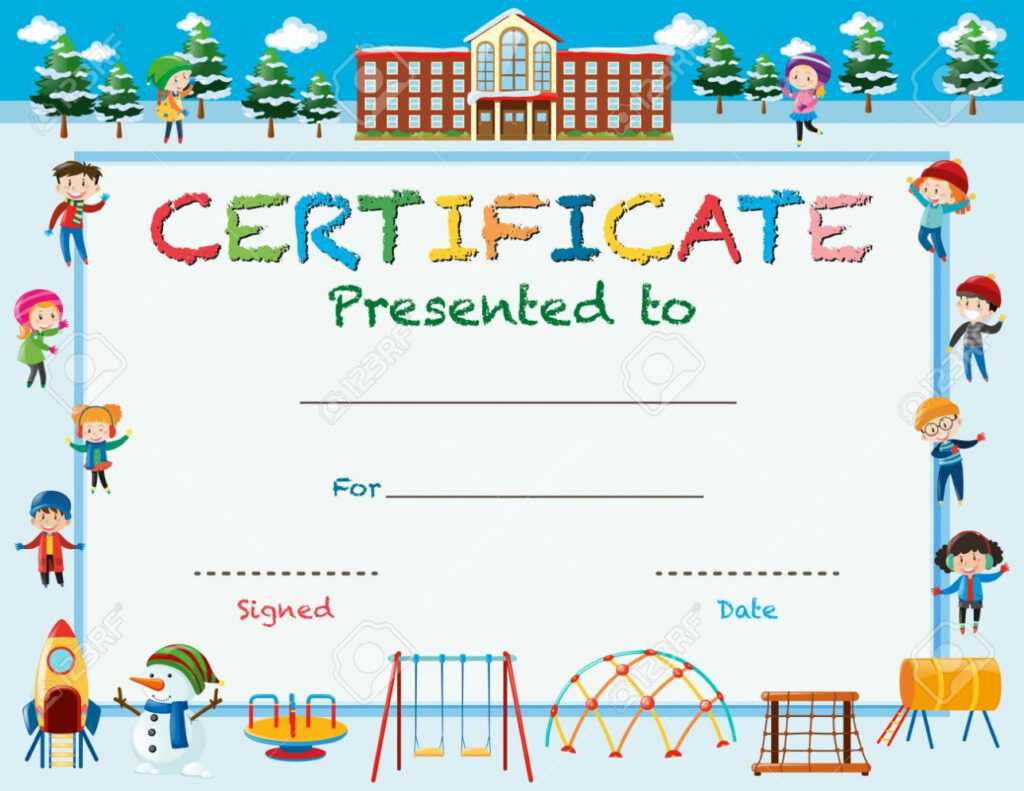 Certificate Template With Kids In Winter At School Illustration within Free School Certificate Templates