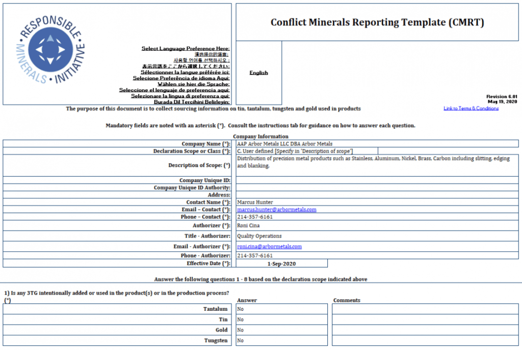 Conflict Minerals Declaration Template in Eicc Conflict Minerals Reporting Template