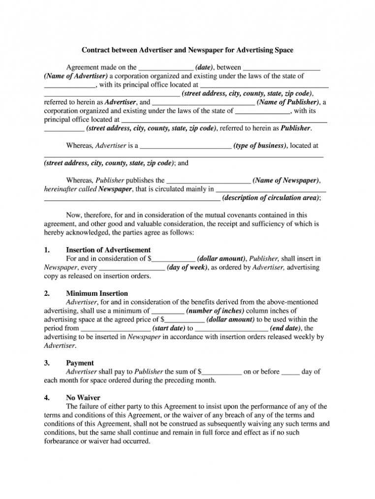 Contract For Advertising Space - Fill Online, Printable with regard to Free Newspaper Advertising Contract Template
