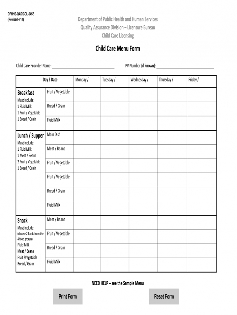 Daycare Menu Template - Fill Online, Printable, Fillable in Daycare Menu Template
