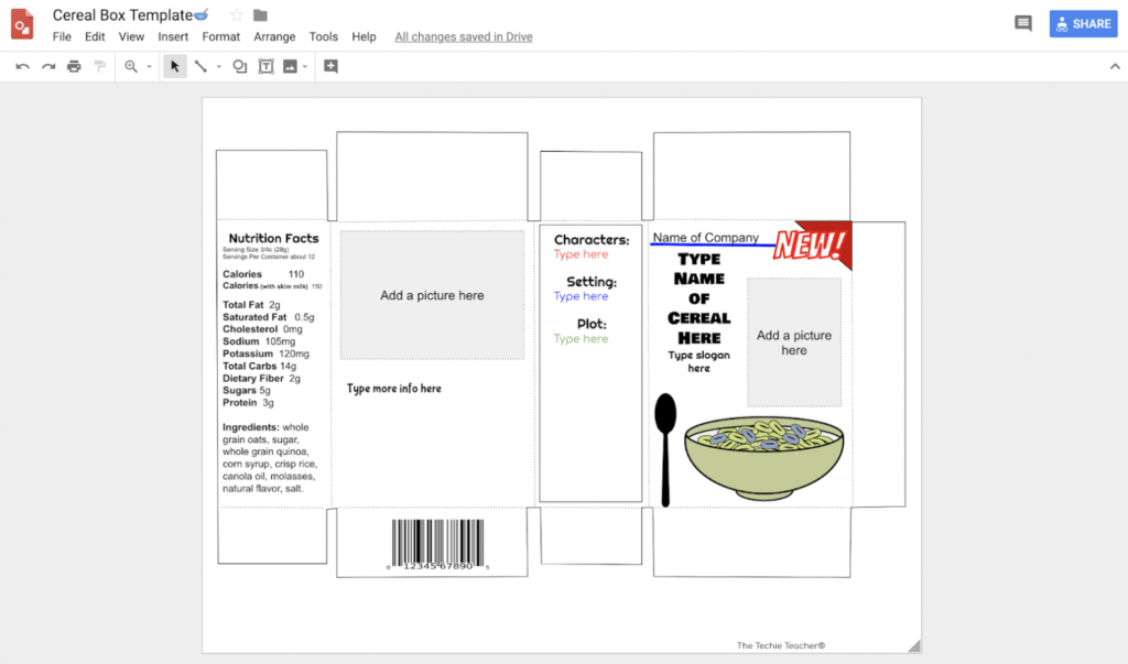 Design A Cereal Box In Google Drawing: Book Report Idea intended for Cereal Box Book Report Template