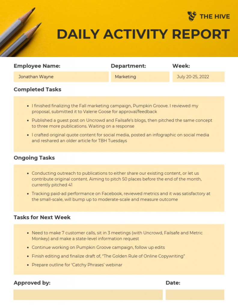 Employee Daily Activity Report Template for Daily Work Report Template