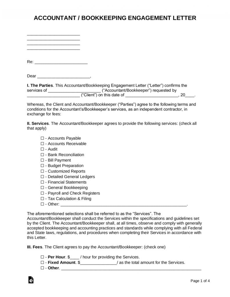Free Accountant / Bookkeeping Engagement Letter - Pdf | Word with regard to Bookkeeping Letter Of Engagement Template