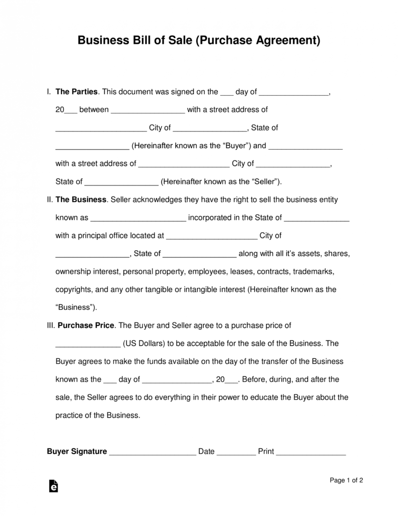 Free Business Bill Of Sale Form (Purchase Agreement) - Word inside Free Business Transfer Agreement Template
