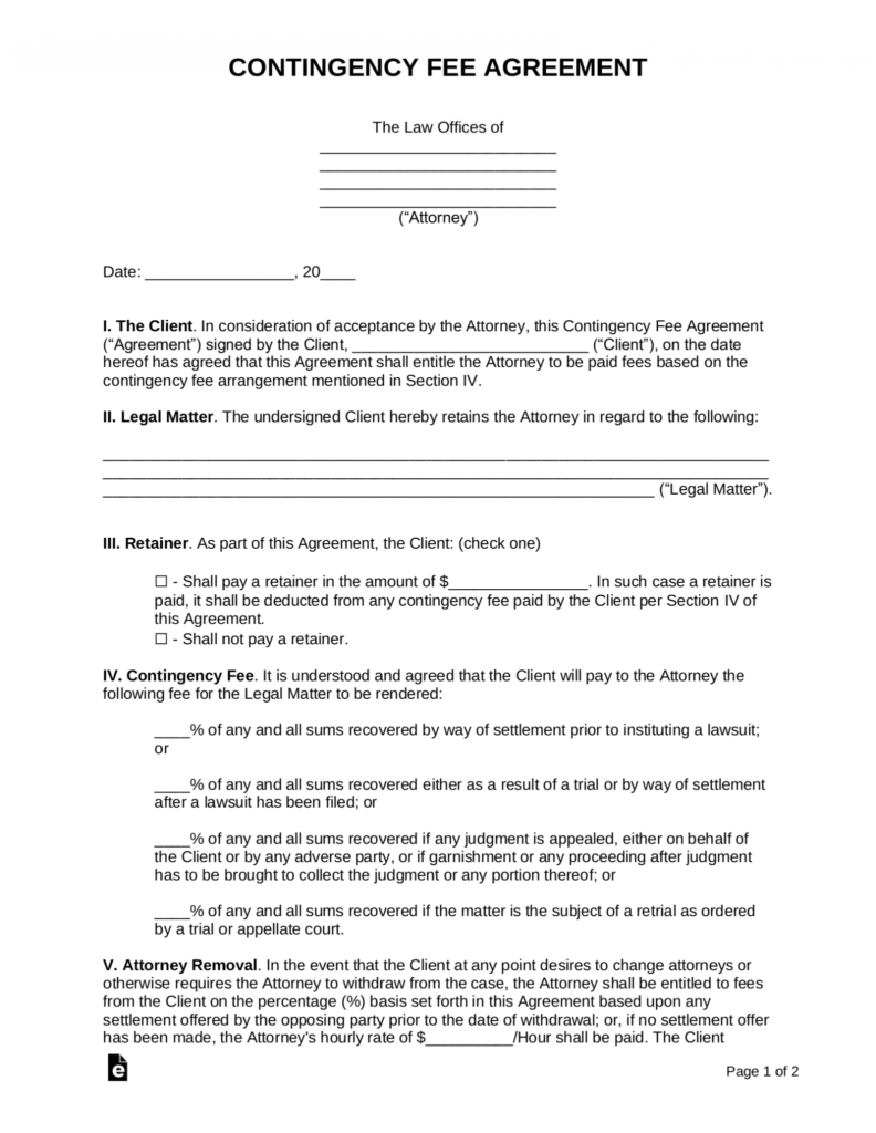 Free Contingency Fee Agreement Template - Sample - Pdf inside Contingency Fee Agreement Template