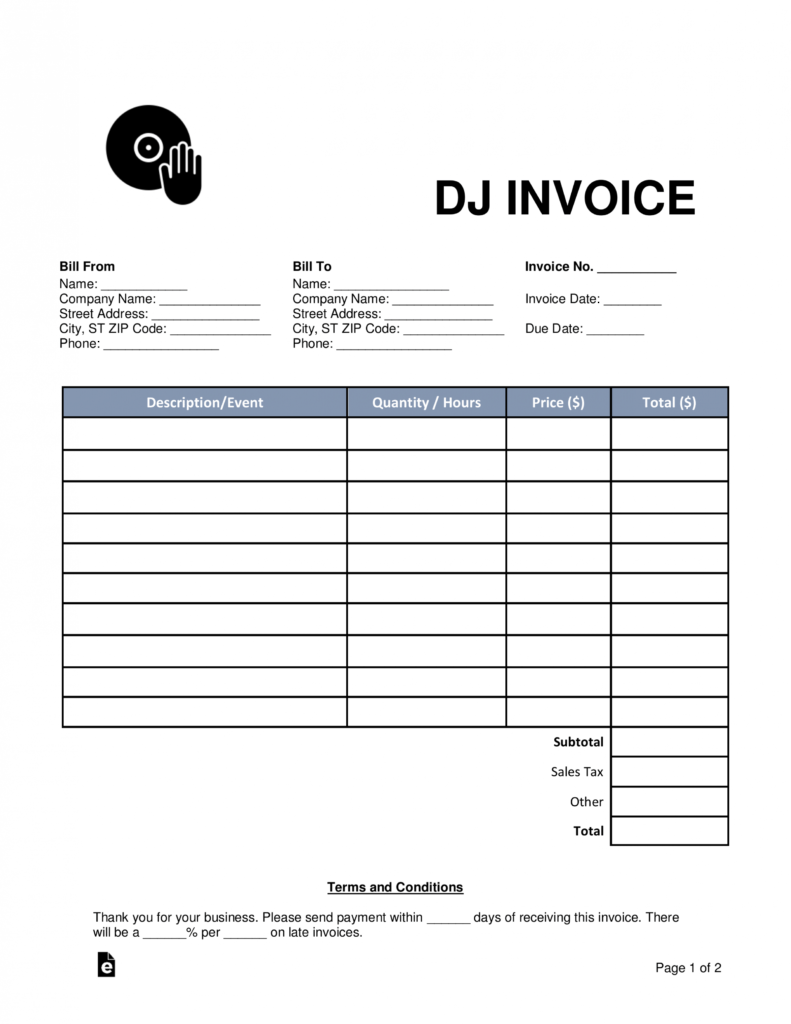 Free Dj (Disc Jockey) Invoice Template - Word | Pdf | Eforms with regard to Invoice Template For Dj Services