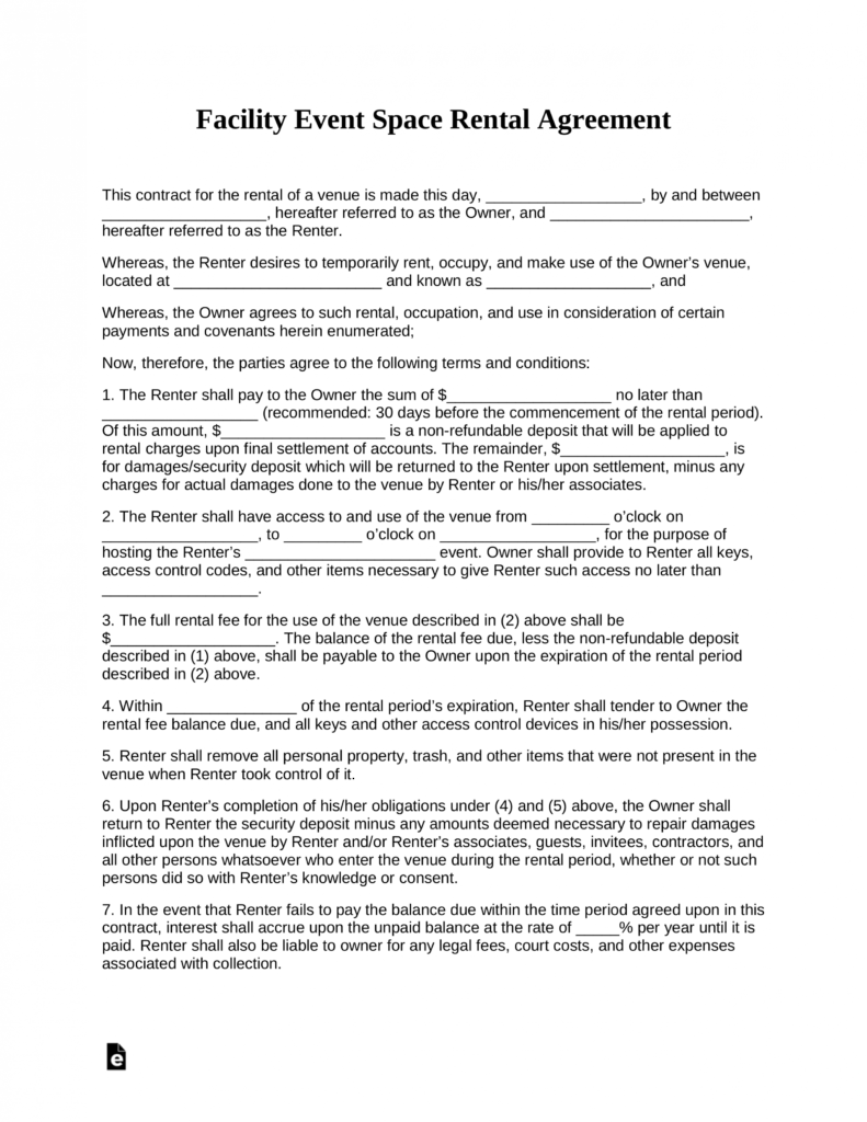 Free Event Facility Space Rental Agreement Template - Pdf intended for Venue Rental Agreement Template