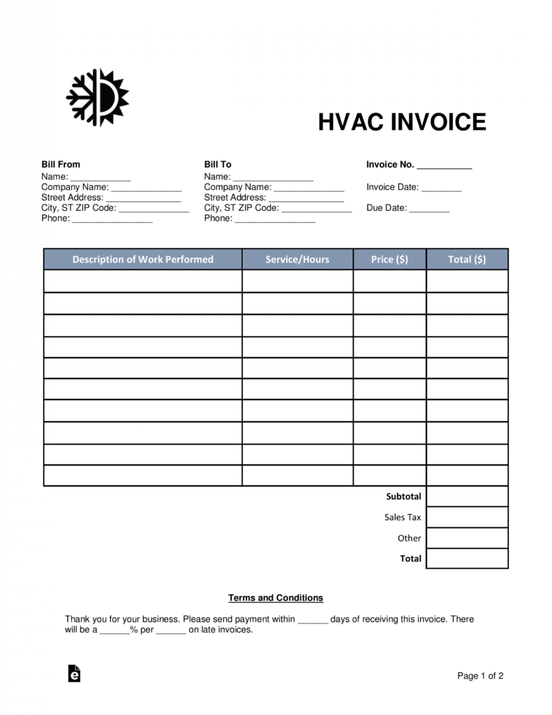 Free Hvac Invoice Template - Word | Pdf | Eforms regarding Hvac Service Order Invoice Template