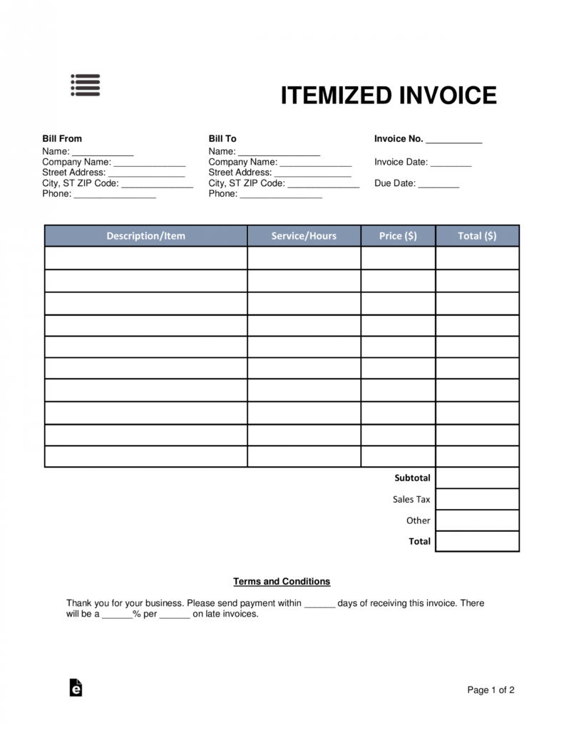 Free Itemized Invoice Template - Word | Pdf | Eforms within Itemized Invoice Template