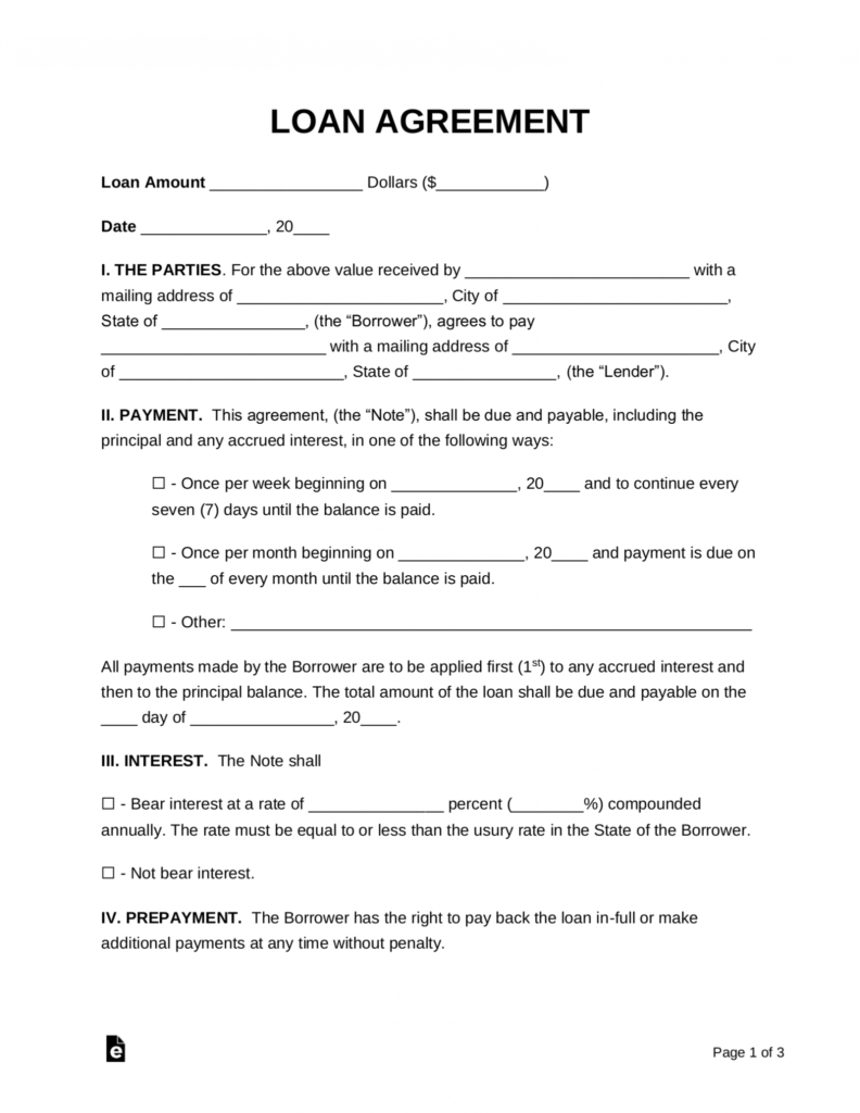 Free Loan Agreement Templates - Pdf | Word | Eforms inside Collateral Loan Agreement Template