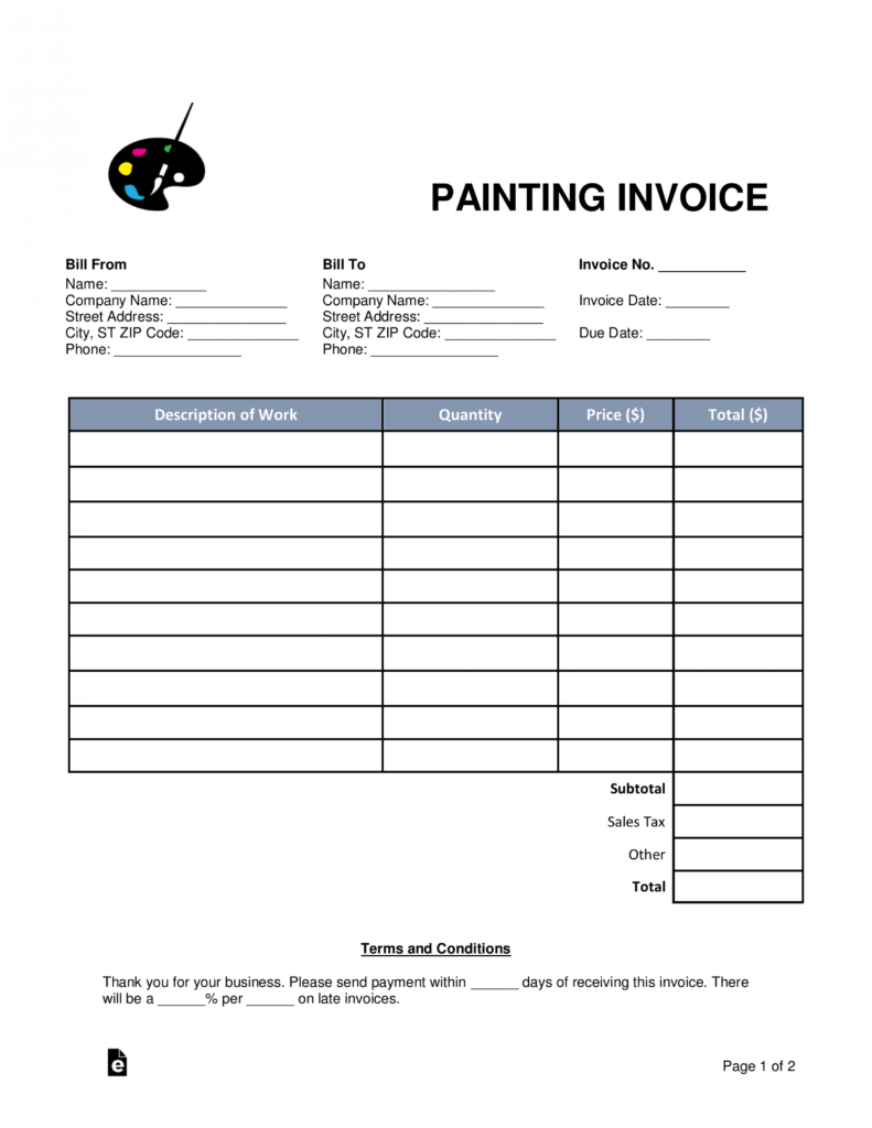 Free Painting Invoice Template - Word | Pdf | Eforms regarding Painter Invoice Template