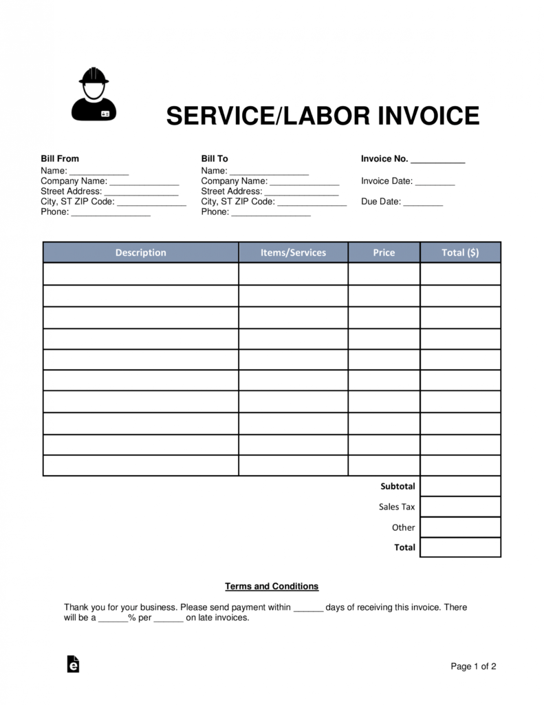 Free Service/Labor Invoice Template - Word | Pdf | Eforms intended for Labor Invoice Template Word