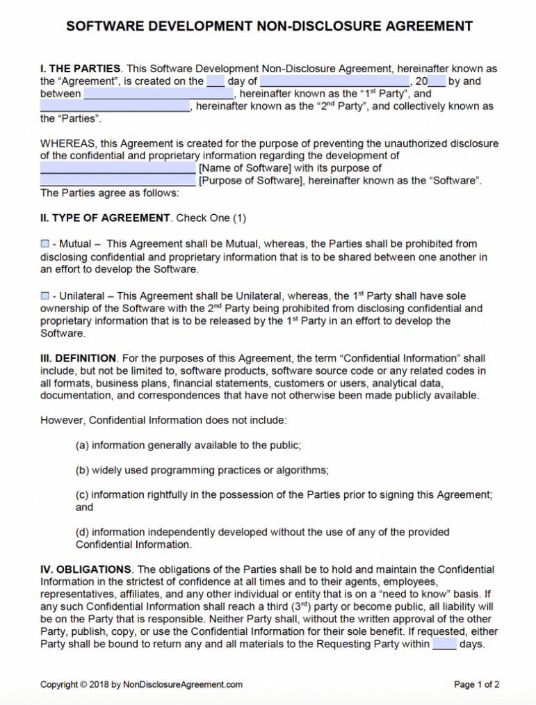 Free Software Development Non-Disclosure Agreement (Nda for Standard Confidentiality Agreement Template
