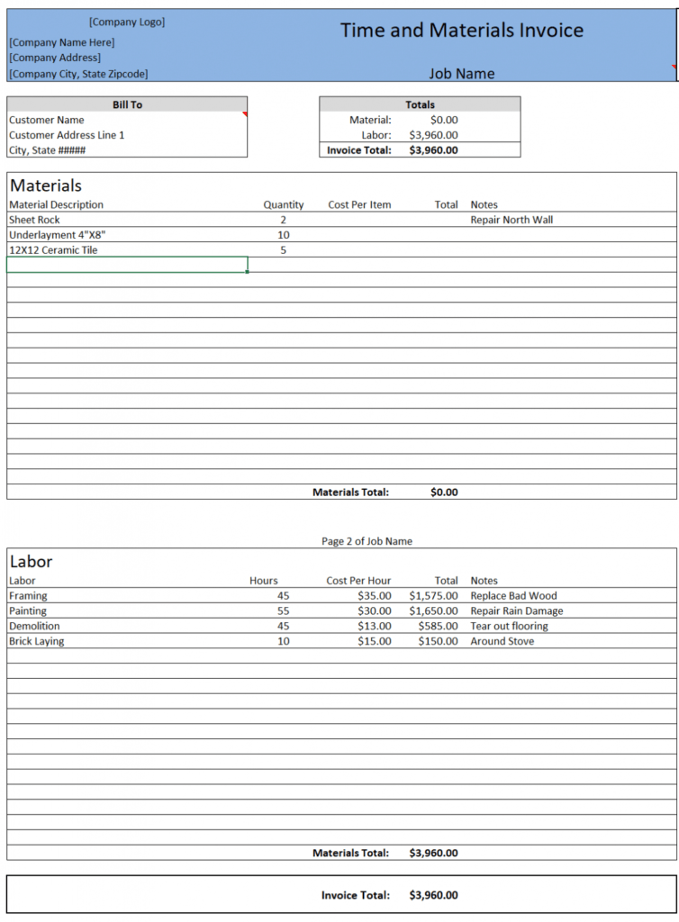 Free Time And Materials Invoice In Excel pertaining to Time And Material Invoice Template