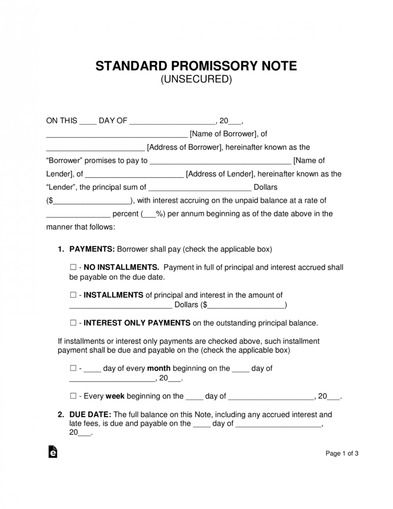 Free Unsecured Promissory Note Template - Word | Pdf | Eforms inside Note Payable Template