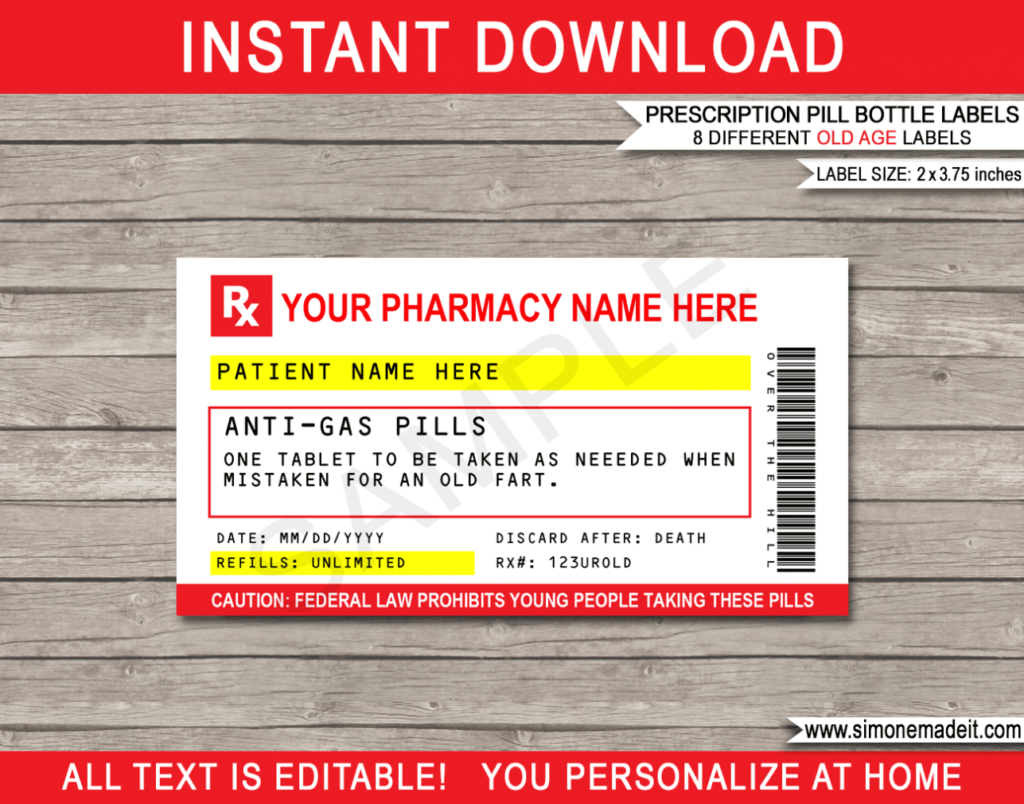 Funny Old Age Prescription Labels Template | Printable Gag Birthday Gift regarding Prescription Labels Template