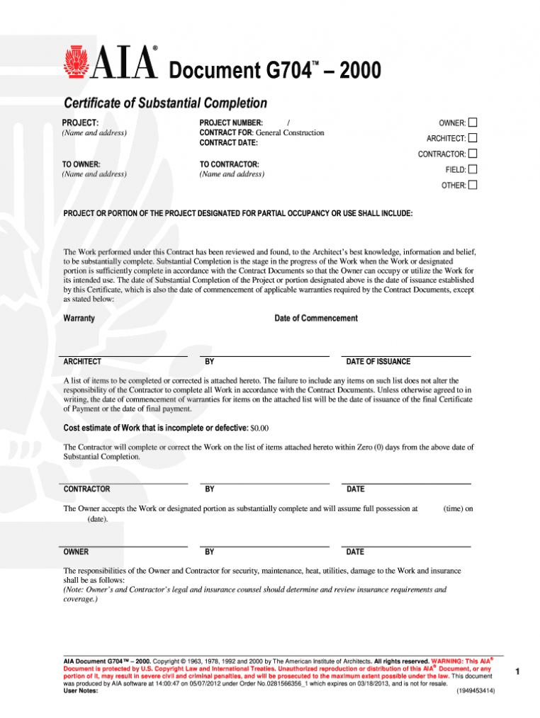 G704 - Fill Online, Printable, Fillable, Blank | Pdffiller with regard to Certificate Of Substantial Completion Template