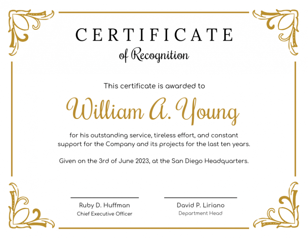 Golden Certificate Of Recognition Template with regard to Recognition Of Service Certificate Template