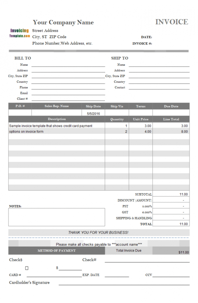 Invoice Template With Credit Card Payment Option inside Credit Card Bill Template