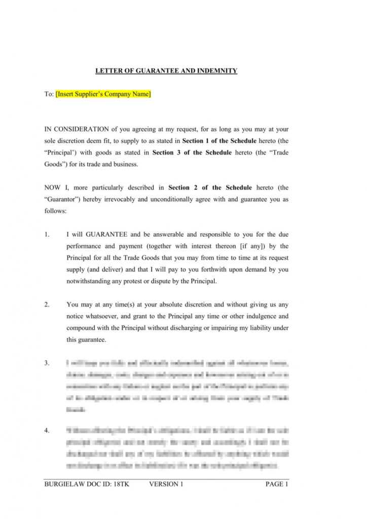 Letter Of Guarantee And Indemnity (Supplier) Template intended for Letter Of Guarantee Template