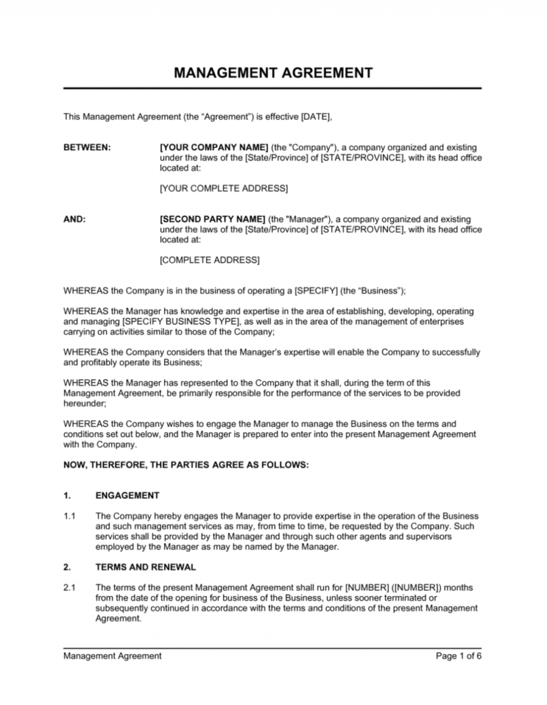 Management Agreement Template | By Business-In-A-Box™ inside Risk Management Agreement Template