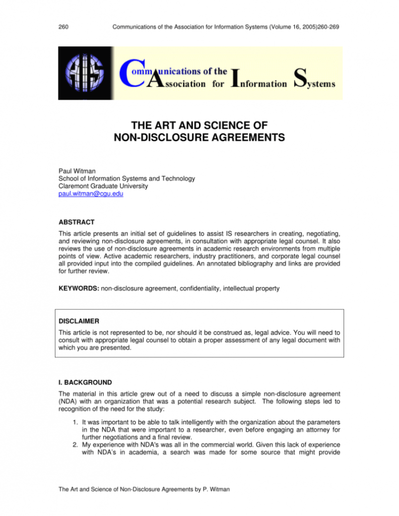 Pdf) The Art And Science Of Non-Disclosure Agreements for Non Disclosure Agreement Template For Research