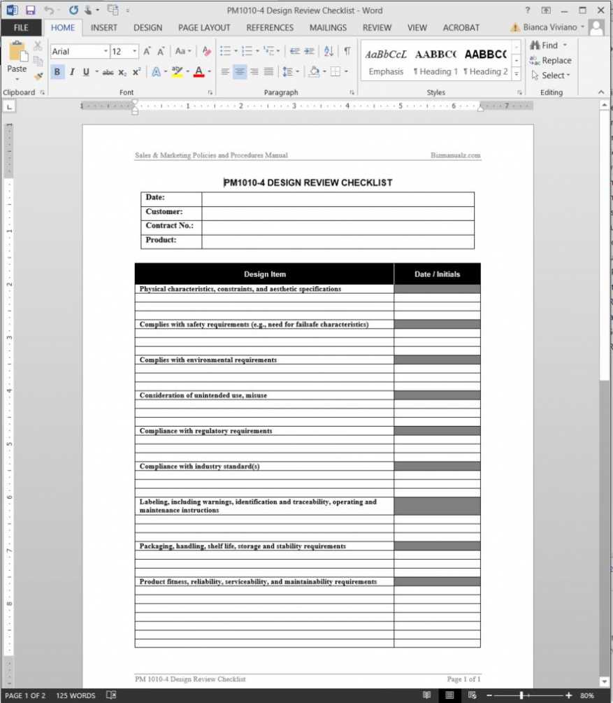 Product Design Review Checklist Template | Pm1010-4 Intended pertaining to Free Standard Operating Procedure Template Word 2010