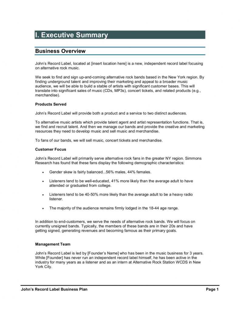 Record Label Business Plan Template Sample Pdf Example inside Record Label Business Plan Template Free