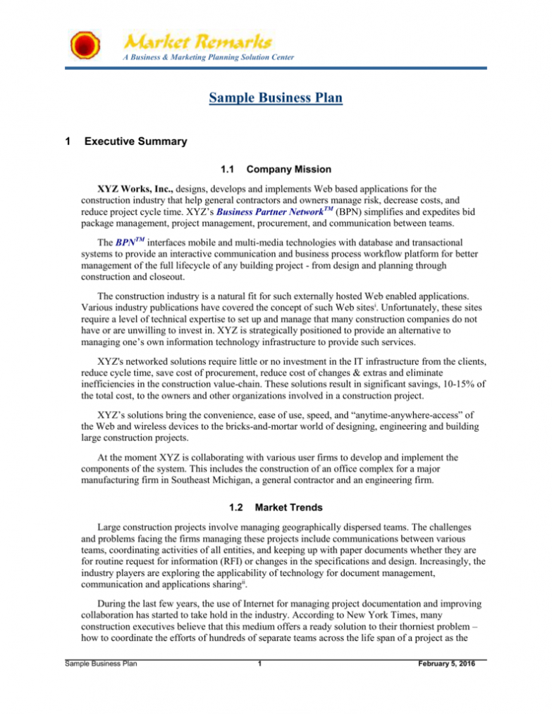 Sample Business Plan with General Contractor Business Plan Template