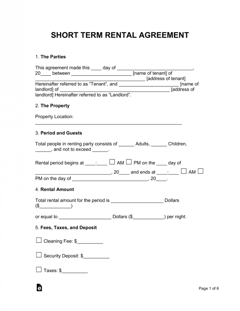 Short-Term (Vacation) Rental Lease Agreement | Eforms in Vacation Home Rental Agreement Template