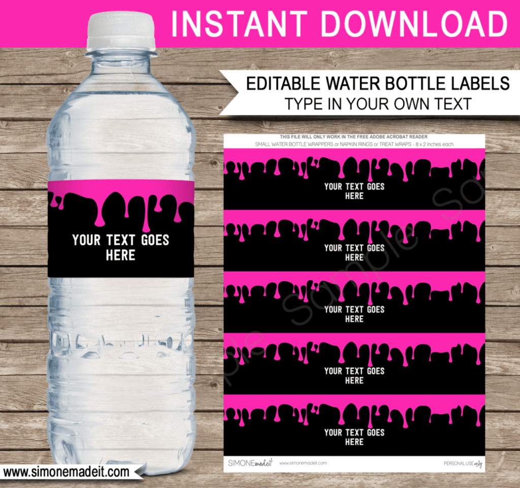 Slime Party Water Bottle Labels Template – Pink with regard to Drink Bottle Label Template