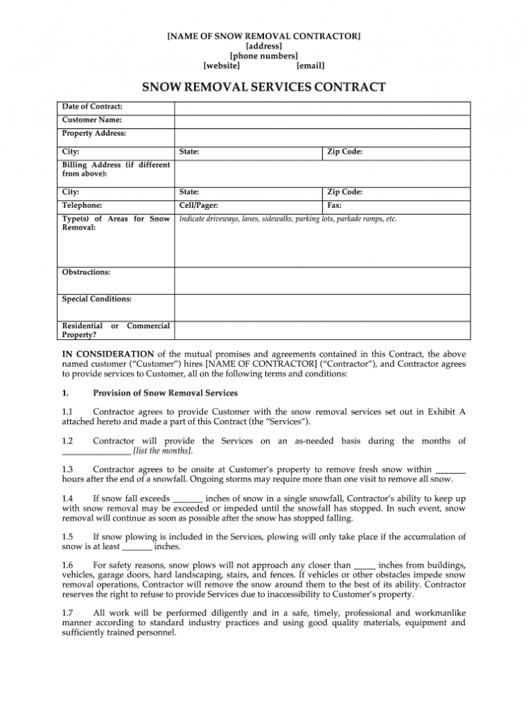 Snow Removal Contract Template - Fill Online, Printable intended for Free Snow Plowing Contract Templates