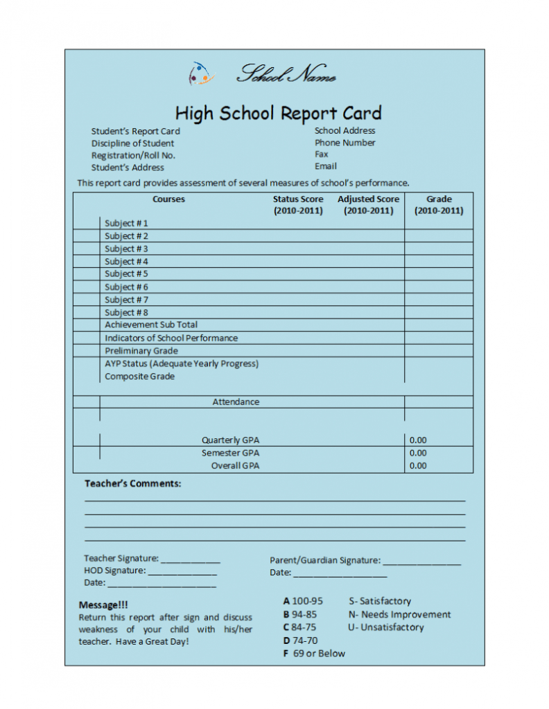 Student Report Template for High School Student Report Card Template