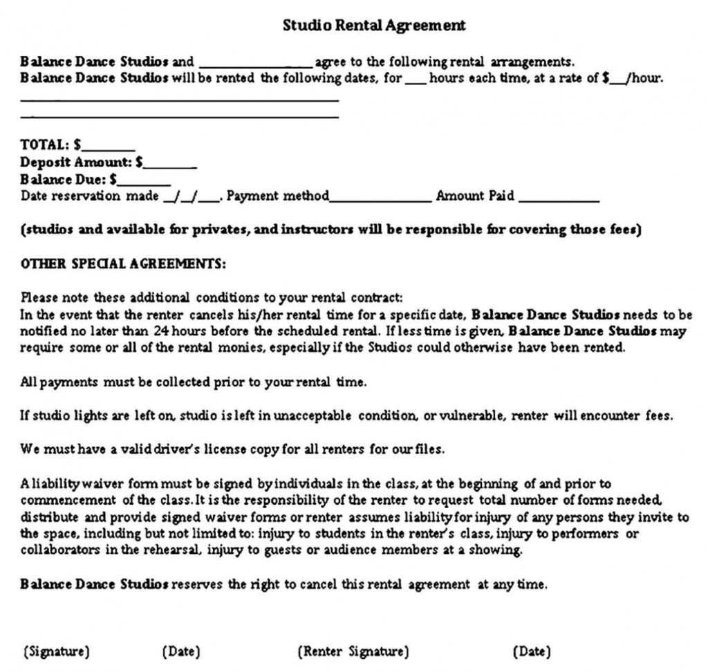 Studio Rental Agreement Template Sample | within Dance Studio Rental Agreement Template