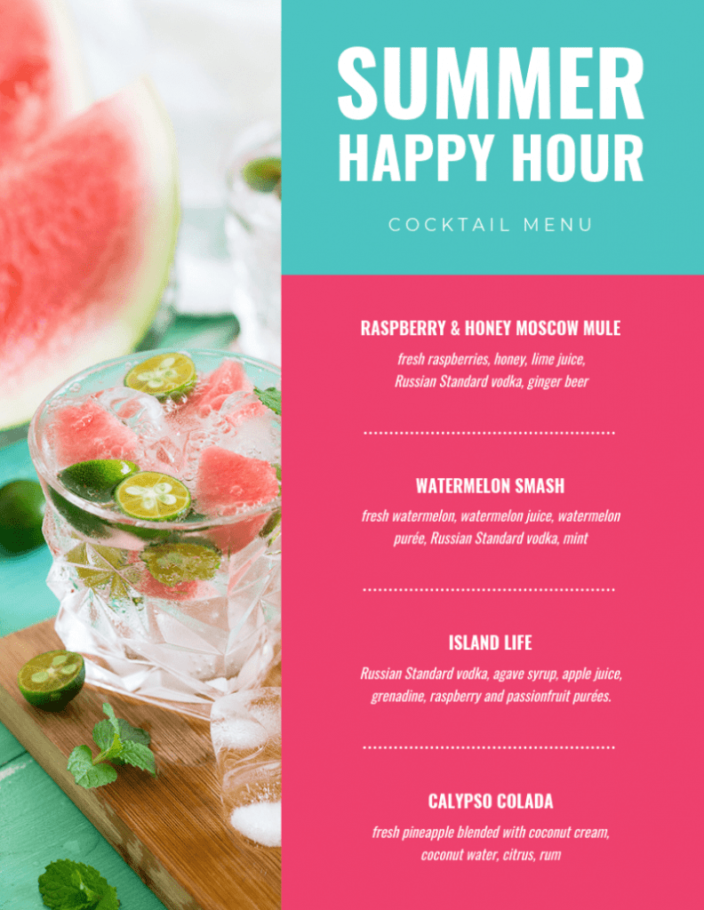 Summer Cocktail Menu Template in Happy Hour Menu Template