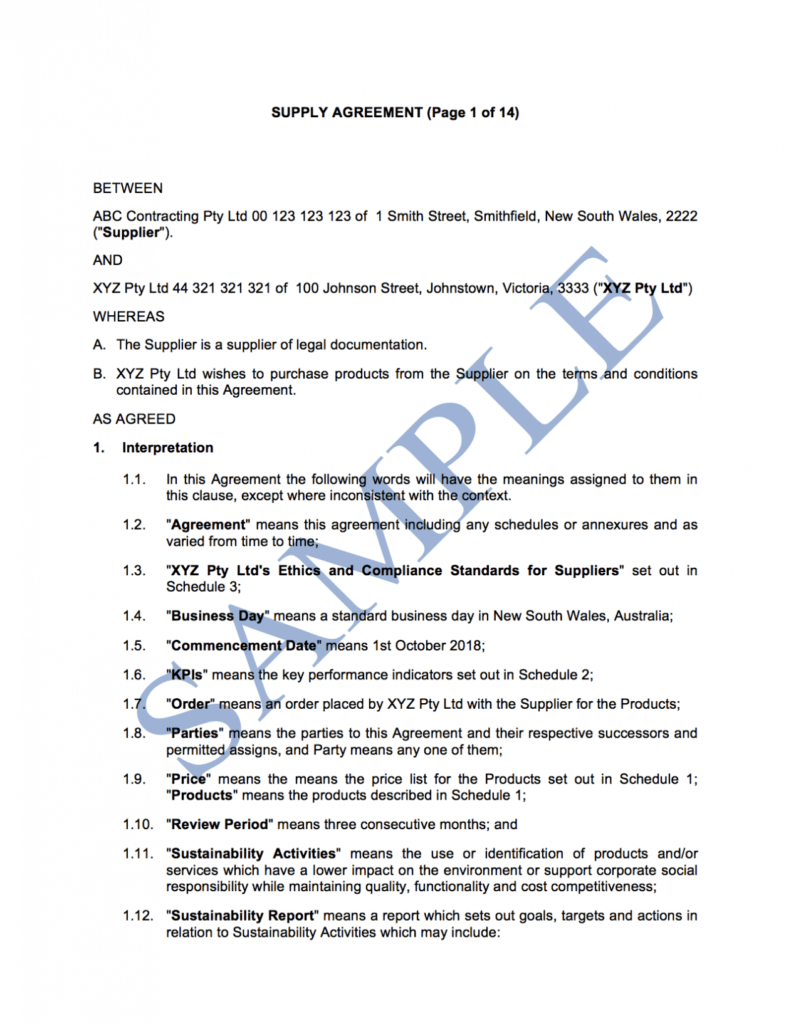 Supply Agreement - Free Template | Sample - Lawpath regarding Preferred Supplier Agreement Template