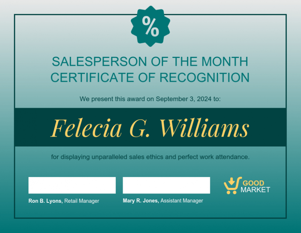 Teal Sales Employee Recognition Certificate Template with Sales Certificate Template