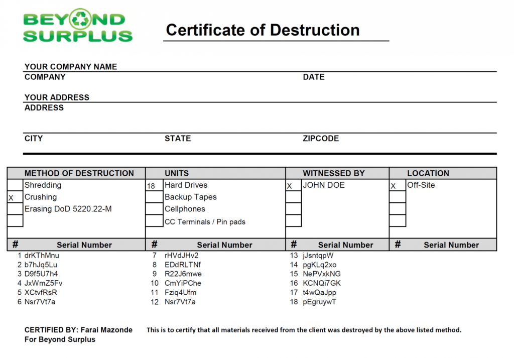 Template: Certificate Of Data Destruction Template with regard to Hard Drive Destruction Certificate Template