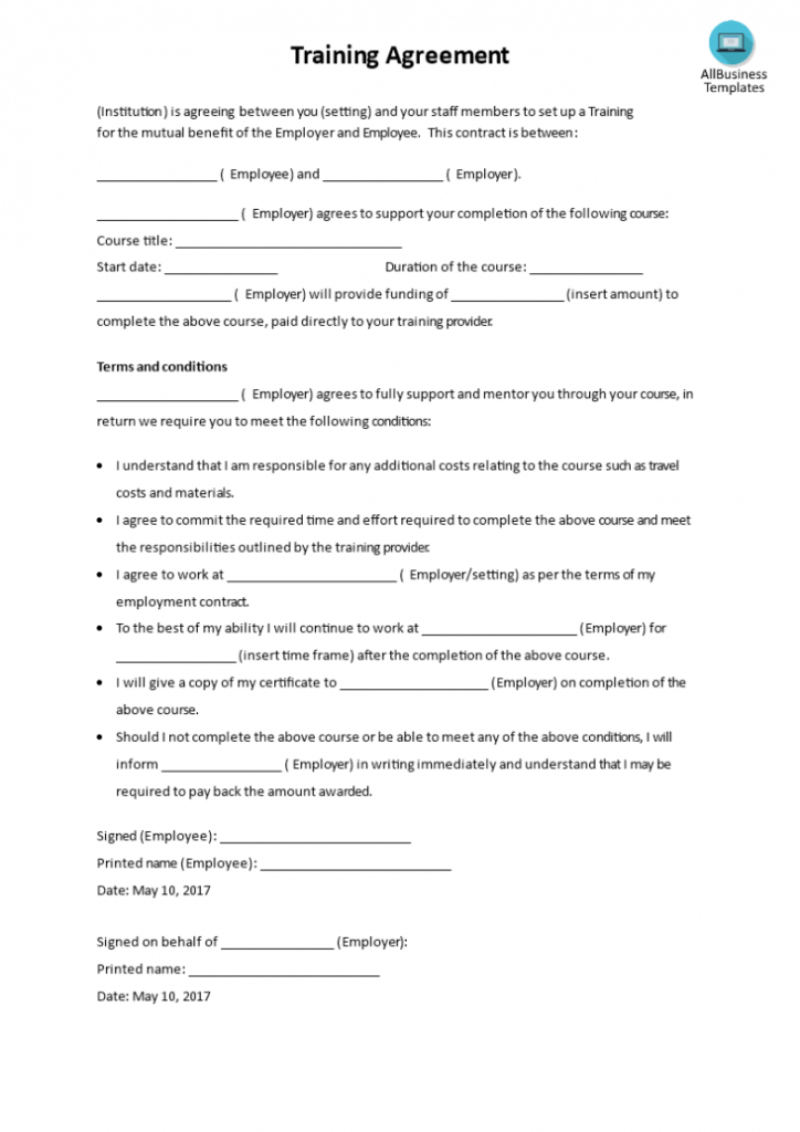 Training Agreement Template | Templates At inside Training Agreement Between Employer And Employee Template