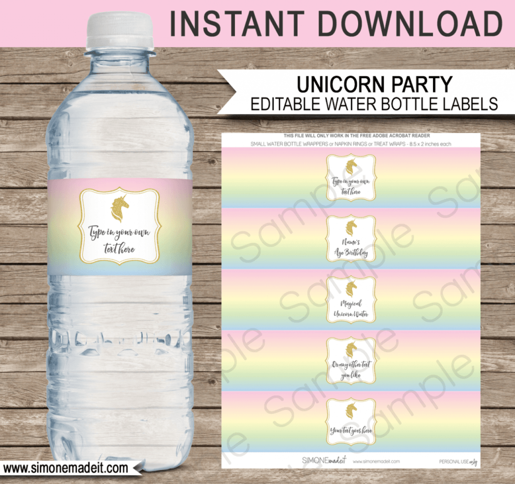 Unicorn Water Bottle Labels Template for Birthday Water Bottle Labels Template Free