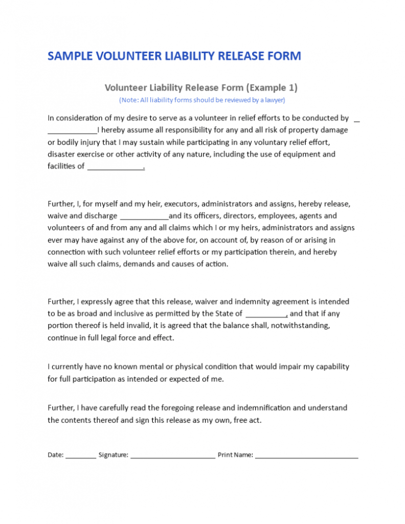 Volunteer Liability Release Form | Templates At with Volunteering Form Disclaimer Templates