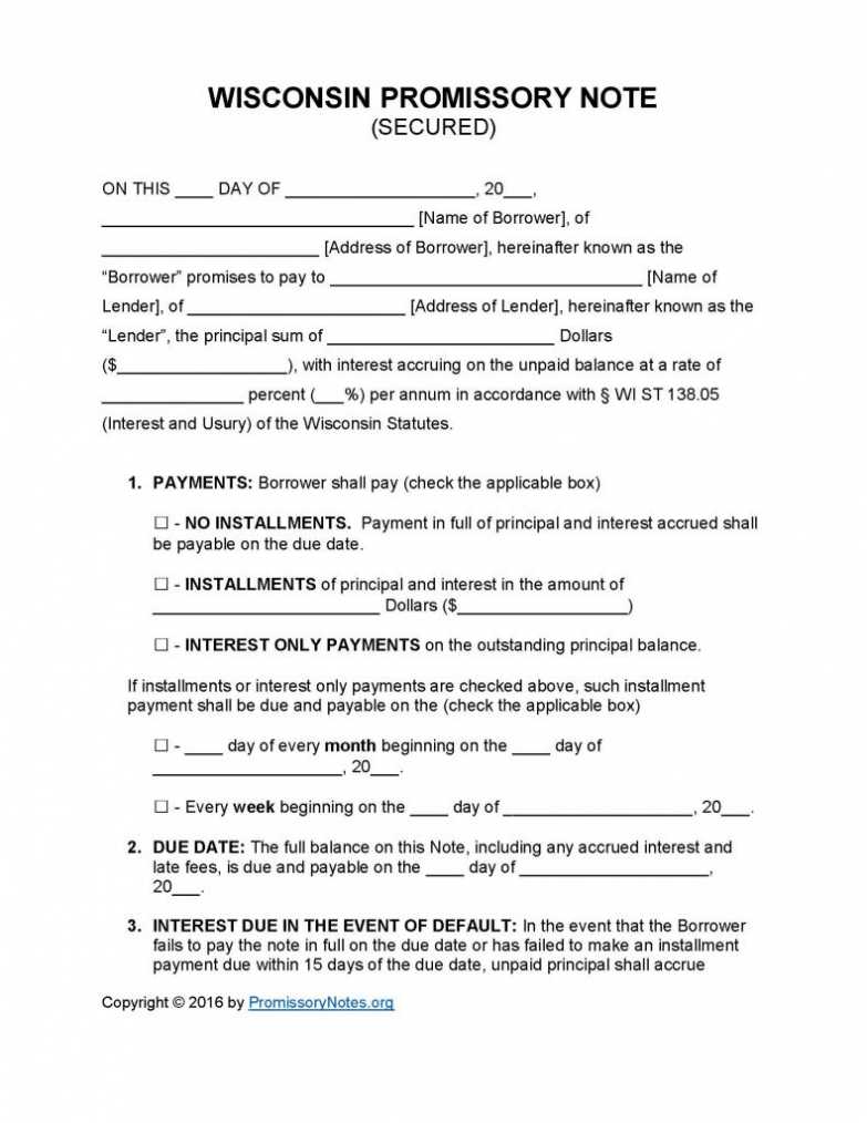 Wisconsin Secured Promissory Note Template - Promissory regarding Promissory Notes Template