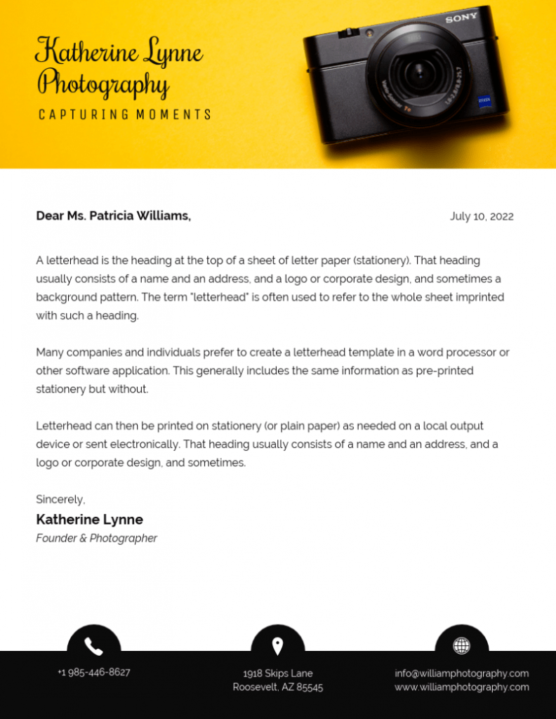 Yellow Photography Letterhead Template with regard to Photography Letterhead Templates